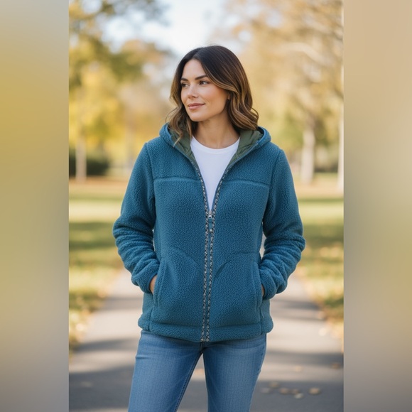 L.L. Bean Jackets & Blazers - L.L. Bean Women’s Blue Polyester High Pile Fleece Hooded Full Zip Jacket Size M